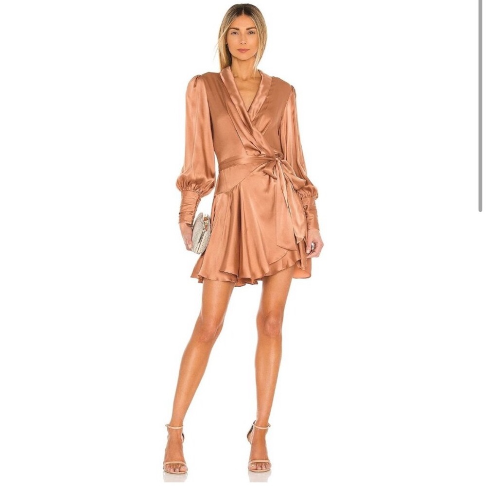 Zimmermann Silk Wrap Mini Dress in Rose. Size 2/US 8